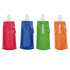 A drink bottle set featuring four colours: red, blue, green, and orange, each with a spray nozzle and a logo.