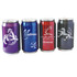 A collection of four drink cans in purple, blue, red, and grey, each featuring a unique design and logo.