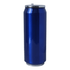 A drink bottle in a shiny blue finish with a silver cap and a logo on the side.