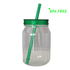A drink bottle with a clear body, green lid, and green straw, marked as BPA free.