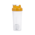 A drink bottle with a clear body and a yellow lid, featuring a mixer ball inside and a branded logo.