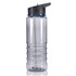 A drink bottle with a clear body, black lid, and blue accent, featuring a built-in straw and a logo.