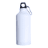 A drink bottle in white with a silver carabiner attached. It features a sleek, cylindrical design.