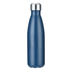A drink bottle in a deep blue colour with a silver cap and a sleek, streamlined design. It features a logo.