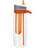 A drink bottle in clear plastic with an orange infuser and grey lid. Features a flip-top straw and branding.