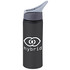 A drink bottle in matte black with a grey lid featuring a logo. The bottle has a sleek, modern design.