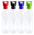 A drink bottle collection featuring clear plastic bodies with red, black, blue, and green lids. Each bottle has a logo.