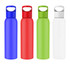 A drink bottle collection featuring blue, red, green, and white colours, each with a matching cap and a logo.