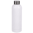 A drink bottle in glossy white with a silver stainless steel lid and a sleek, modern design.