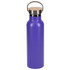 A drink bottle in vibrant purple with a stainless steel lid and a wooden top handle.