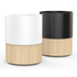 A coffee mug set featuring a white mug and a black mug, each with a bamboo base. Both have a sleek, modern design.