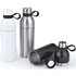 A drink bottle collection featuring white, stainless steel, and black designs, each with a looped cap.