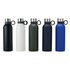 A drink bottle collection featuring black, white, khaki, navy, and blue colours with metal caps and carry loops.