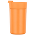 A drink bottle in a vibrant orange colour with a fitted lid and a smooth finish. It features a logo.