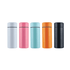 A collection of five drink bottles in white, pink, teal, orange, and black, featuring a simple design and branding.