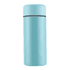 A drink bottle in a light blue colour with a sleek, smooth finish and a black band around the top.