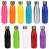 A drink bottle collection featuring pink, orange, yellow, teal, silver, black, green, white, red, and purple colours, each with a metallic lid.