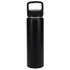 A drink bottle in matte black with a screw-top lid and a handle. It features a logo on the front.