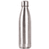 A drink bottle in a sleek stainless steel finish with a rounded top and a textured bottom. It features a logo.