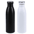 A drink bottle set featuring one black and one white bottle, both with metallic caps and a logo.