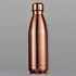 A drink bottle in a sleek, shiny copper finish with a round cap and a curved shape, featuring a logo.