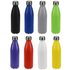 A drink bottle collection featuring black, blue, grey, green, purple, red, white, and yellow bottles with metal lids.