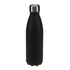 A drink bottle in matte black with a stainless steel cap. It features a sleek, curved design and a branding logo.