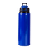 A drink bottle in a vibrant blue colour with a black, secure flip-top lid and a branding logo.