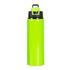 A drink bottle in bright green with a black lid and a built-in handle, featuring a logo.