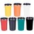 A collection of seven coffee mugs in yellow, orange, red, black, teal, white, and grey with lids and silver bands.