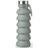 A grey collapsible drink bottle with a stainless steel cap and a carabiner attachment.