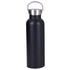 A drink bottle in matte black with a stainless steel lid and a metal handle. Features a simple, sleek design.