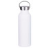 A drink bottle in white with a stainless steel lid and carry handle, featuring a logo.