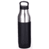 A drink bottle with a stainless steel upper section and a matte black lower section. It features a handle for easy carrying.