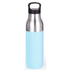 A drink bottle with a stainless steel top and a pastel blue body. It features a handle and has a logo.