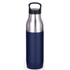 A drink bottle with a stainless steel top and a navy blue bottom, featuring a handle and branding.