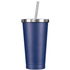 A drink bottle in navy blue with a stainless steel lid and straw. Features a logo.