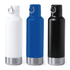 A drink bottle collection featuring white, blue, and black stainless steel designs with a silver base and a metal ring.