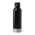 A drink bottle in black with a stainless steel bottom and a lid featuring a ring. It has a sleek, modern design.