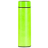 A drink bottle in bright lime green with a sleek, cylindrical design and a black cap. Features a branding logo.