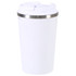 A white drink tumbler with a metallic band around the top and a lid. Features a logo on the side.