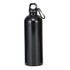 A drink bottle in sleek black metal with a carabiner clip attached. It features a smooth, reflective finish.