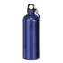A drink bottle in a deep blue colour with a metal finish and a carabiner clip. It features a logo on the body.