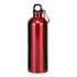 A drink bottle in a shiny red finish with a black top and a metal carabiner. Features a simple design with a logo.