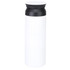 A drink bottle in white with a black lid, featuring a sleek and modern design and a logo on the front.
