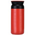 A drink bottle in vibrant red with a black lid, featuring a sleek design and a logo.