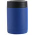 A drink bottle in a deep blue colour with a black lid and a sleek, cylindrical design. Features branding.