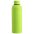 A drink bottle in vibrant lime green with a smooth, matte finish and a screw-top lid, featuring a logo.