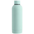 A drink bottle in a soft mint green colour with a sleek, minimalist design and a logo on the side.