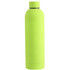 A drink bottle in bright lime green with a sleek, smooth surface and a screw-top lid. It features a logo.